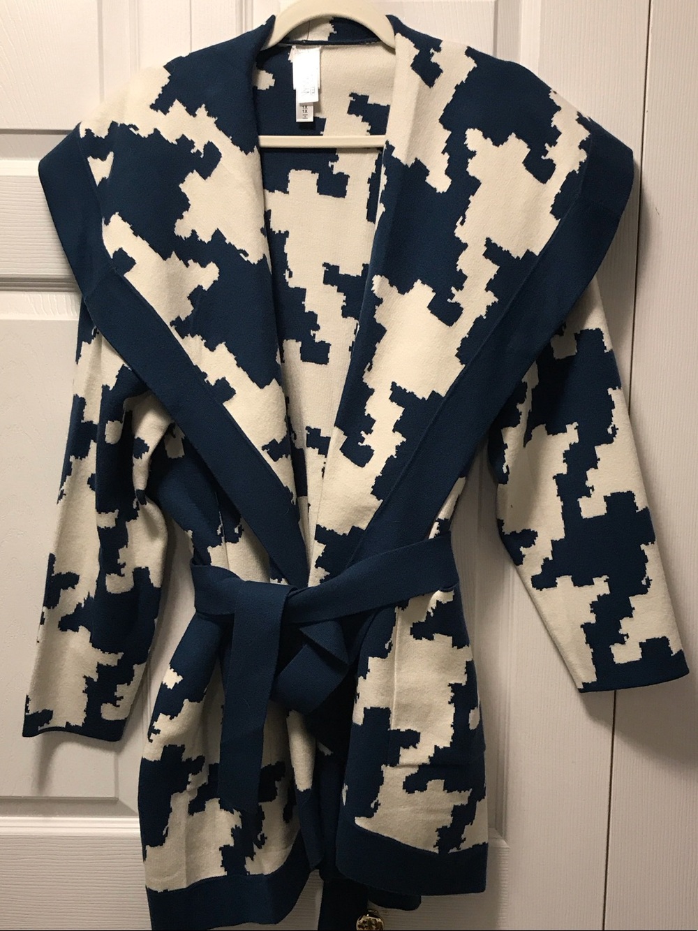 MarlaWynne Cream and Navy Abstract Belted Cardigan